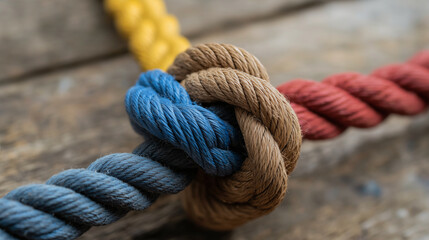 Fototapeta premium A powerful symbolic image of intertwined ropes in different colors and textures, forming an unbreakable knot that represents unity and strength in diversity.