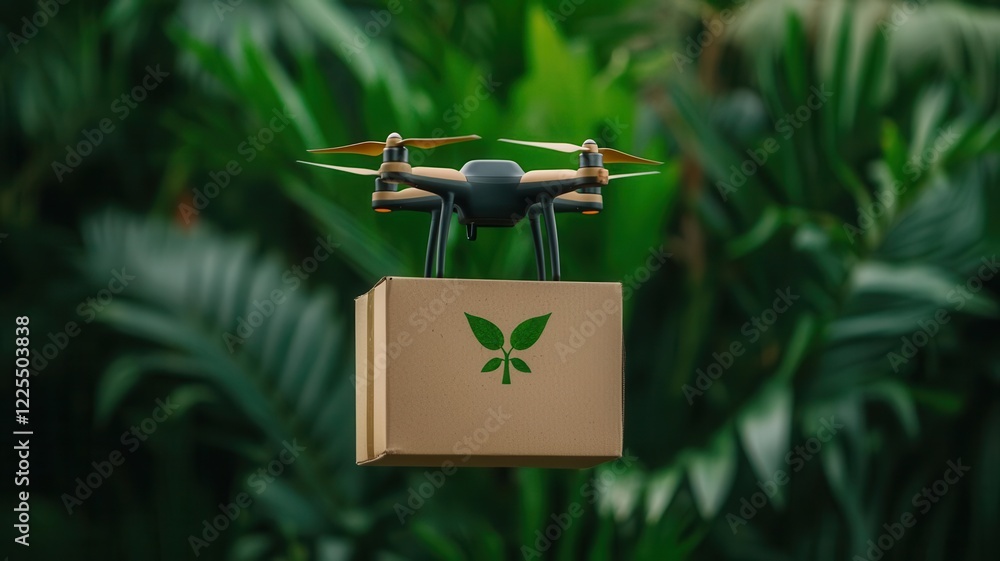 Poster autonomous delivery eco-friendly vehicles technology. drones with biodegradable components enabling 