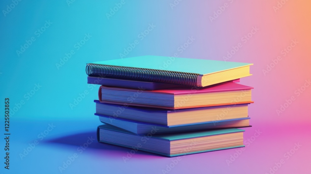Poster colorful stack of books and notebook on a gradient background