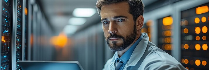 IT specialist working on laptop in server room during office hours