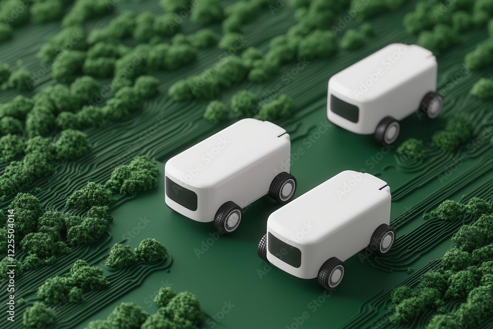 Poster autonomous delivery eco-friendly vehicles technology. predictive analytics tools optimizing energy c