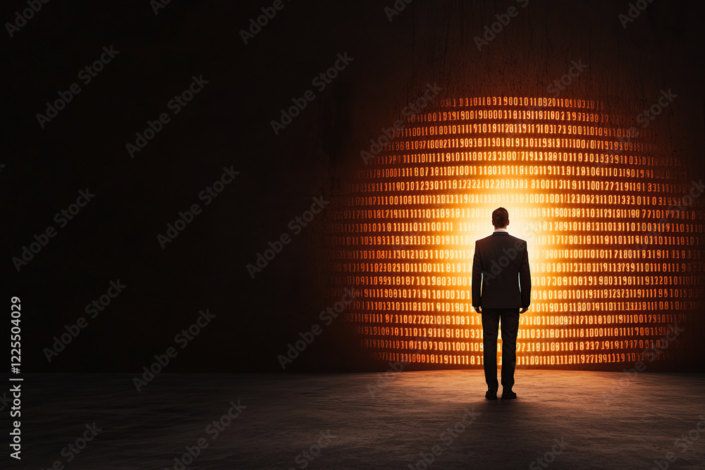 Aufkleber man in suit stands before glowing wall of binary code, symbolizing technology and innovation. scene 