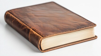 Obraz premium Brown Leather Bound Book Resting On White Background