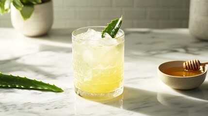 Fototapeta premium Refreshing Aloe Vera Cocktail with Honey on Marble Countertop