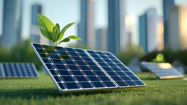 Solar panel showcasing sustainable energy and growth in urban space.