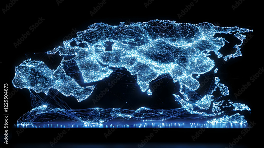 Poster illuminated map of asia, showcasing digital connections and network patterns, symbolizing technology