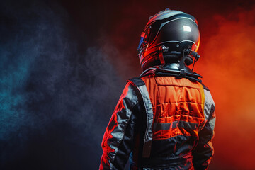 Professional racing team lineup in helmets and gear, showcasing unity and determination in motorsport, generative AI