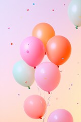 whimsical collage of colorful balloons sparkling confetti and abstract geometric shapes floating against soft pastel