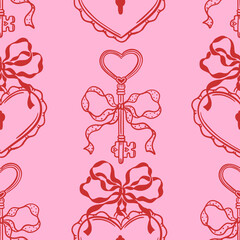 Seamless pink and red pattern with hand drawn heart shaped love lock and key, coquette whimsical bows. Romantic Valentines Day or wedding design. Vector background for wallpaper, textile, wrapping.
