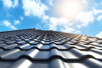 Naklejka premium Roof installation project under clear skies and bright sunshine on a warm day