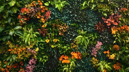 Naklejka premium Vibrant Vertical Garden with Rich Greenery and Colorful Flowers