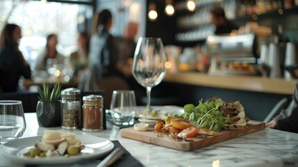 Fototapeta premium Blur people dining in a restaurant with blackboard on marble table - food banner display