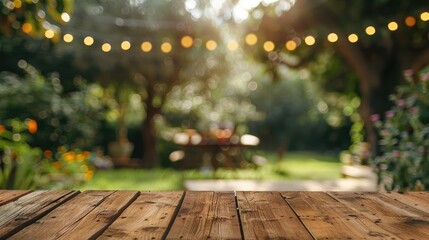 Blurred backyard party with vacant wooden table