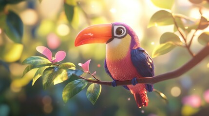 Naklejka premium Colorful Toucan Perched On Branch In Sunlight