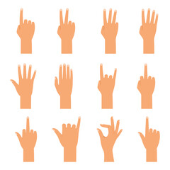 twelve different hand gestures, each with varying finger positions and orientations, on a white background.