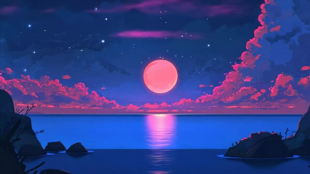 Pink Moonrise Over Serene Ocean