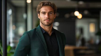 Obraz premium A tech-savvy male business professional in a fitted dark green blazer over a black shirt, standing in front of a blurred contemporary office with sleek decor,