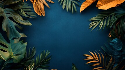Tropical green and gold leaves creating a frame on dark blue background