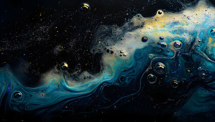 Iridescent soap bubbles floating on a black background, creating a striking contrast.  -