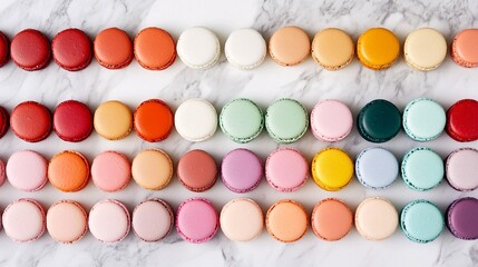Colorful Array of Macarons Displayed on Marble Background