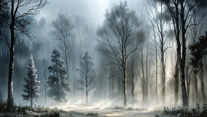 Fototapeta premium Dense Misty Forest with Ethereal Light and Mysterious Atmosphere