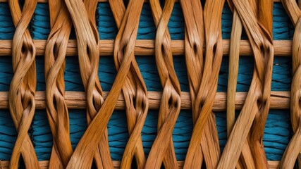 Close view of rustic woven wood with organic gaps and natural details, 8K resolution