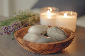 A close-up of a wooden bowl filled with smooth white and gray spa stones, surrounded by lit tea candles and a delicate sprig of lavender.