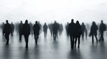 Silhouetted figures walking through a misty urban landscape with abstract lines in the background
