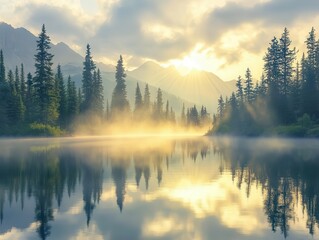 Fototapeta premium misty mountain lake at golden hour, ethereal sunbeams pierce through pine trees, creating mirror-like reflections on crystal clear water