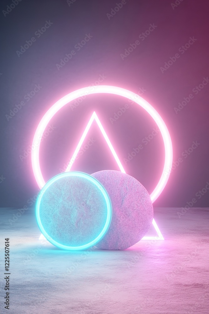 Poster bright neon geometric shapes create a visually striking composition with glowing outlines. the backg
