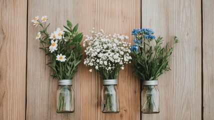 Fototapeta premium Three small glass jars with wildflowers on wood.