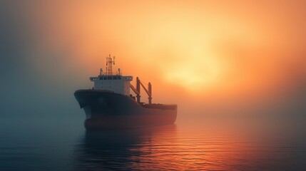 Obraz premium Dramatic Foggy Morning with Bulk Cargo Ship in Still Waters