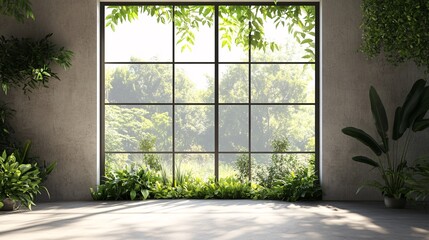 Serene Indoor Space with Large Window and Lush Greenery Outside