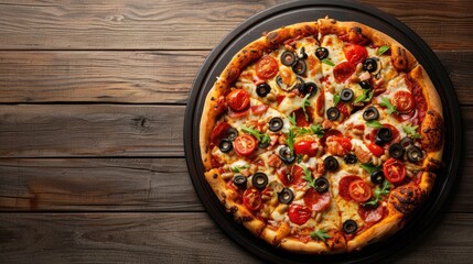 Circular pizza tray on wood surface with room for text