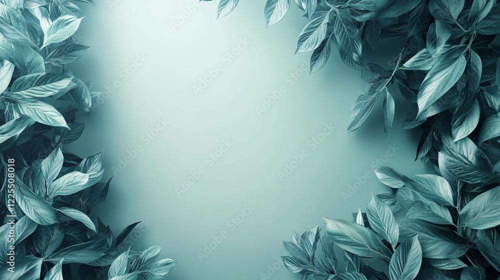 Aufkleber Elegant teal green leaves creating a frame on matching background