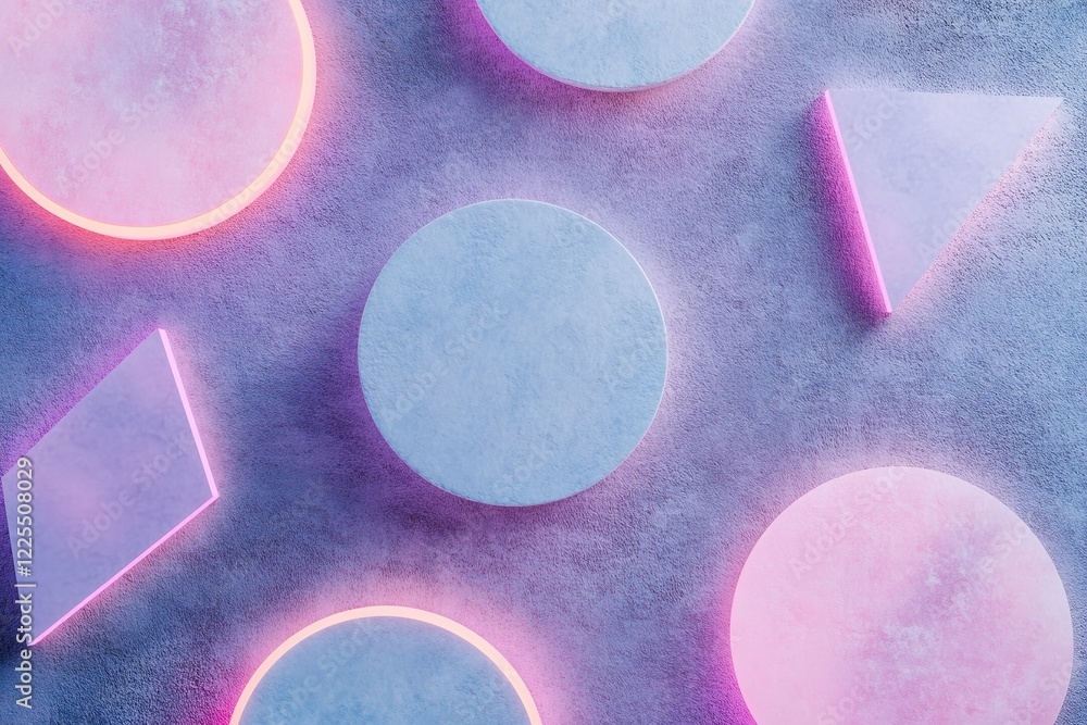 Poster bright shapes in various geometric forms including circles and triangles glow softly against a textu