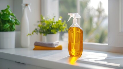 Cleaning solution bottle on kitchen windowsill with white sink in the background