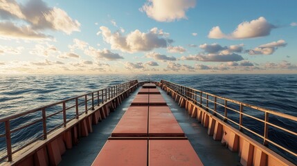 Fototapeta premium Cargo Ship in Open Ocean Loaded with Bulk Containers at Sunset