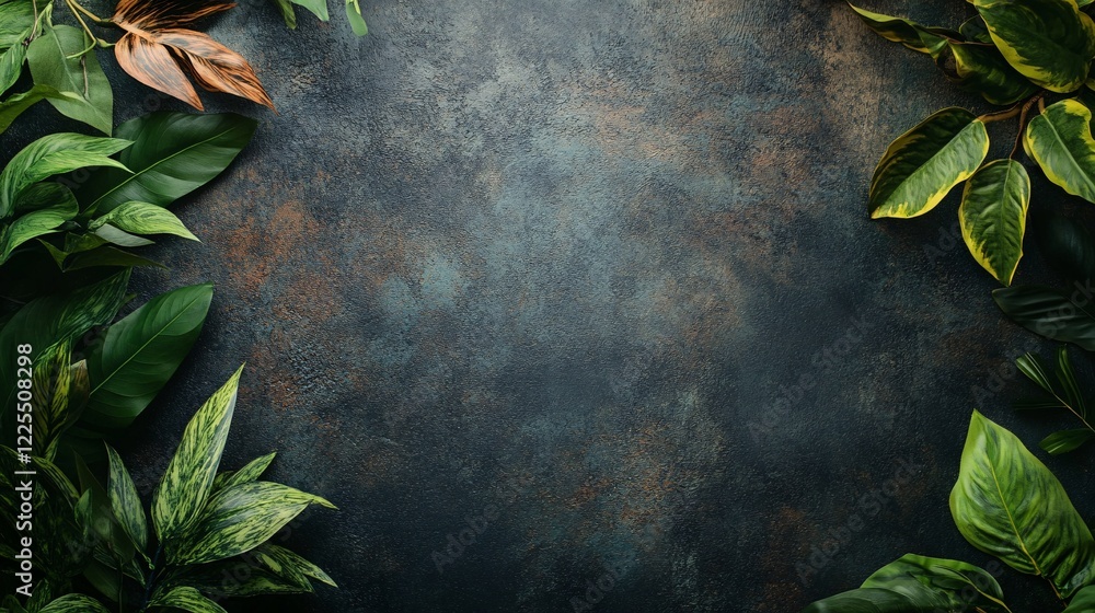 Poster tropical green leaves bordering dark empty background with copy space
