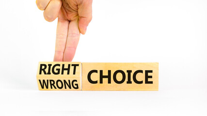 Right or wrong choice symbol. Concept words Right choice or Wrong choice on beautiful wooden...