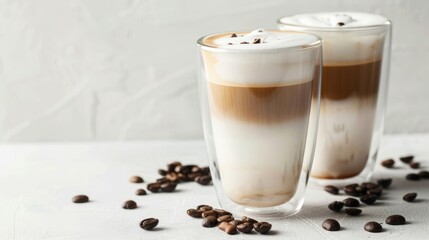 Close-up of double glass cup with latte coffee, beans, and copy space on white table