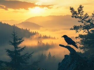 Naklejka premium mystical sunrise over misty mountain valley, lone raven perched on ancient pine branch, ethereal golden light filtering through clouds