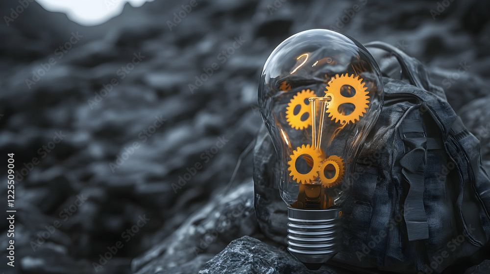 Poster lightbulb with gears inside, symbolizing innovation and the process of ideation -