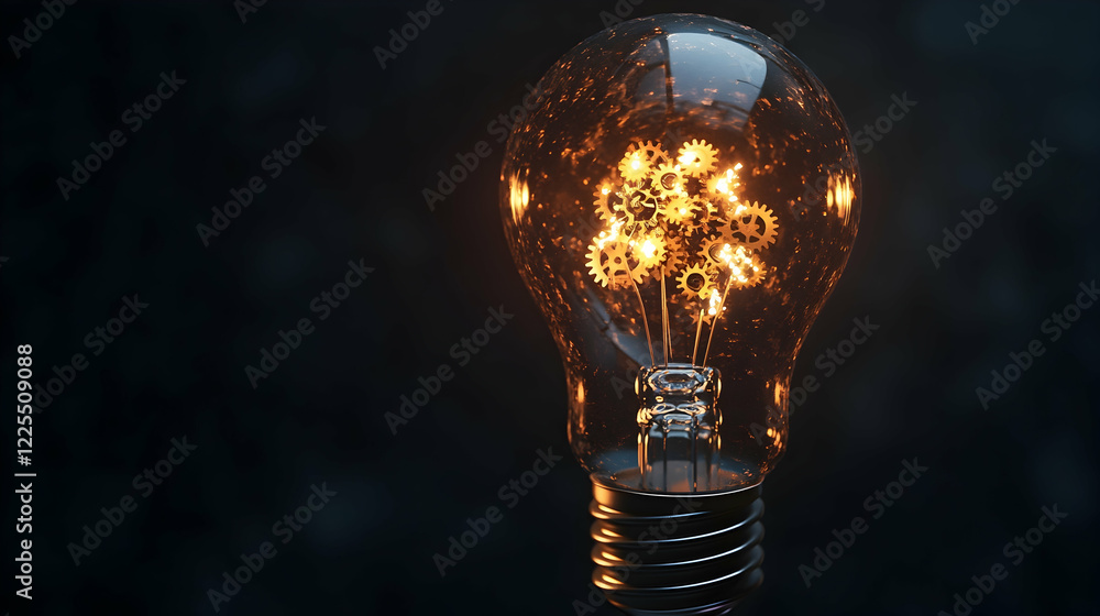 Poster lightbulb with gears inside, symbolizing innovation and the process of ideation -