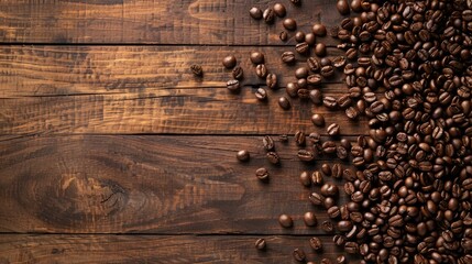 Coffee beans on wooden background with copy space, captured from above.