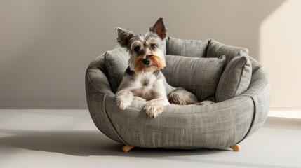 Comfort concept emphasized in photo of chic gray pet bed without dog