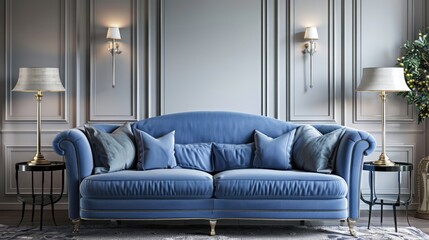 Comfortable blue sofa in cozy living room with elegant classic interior.