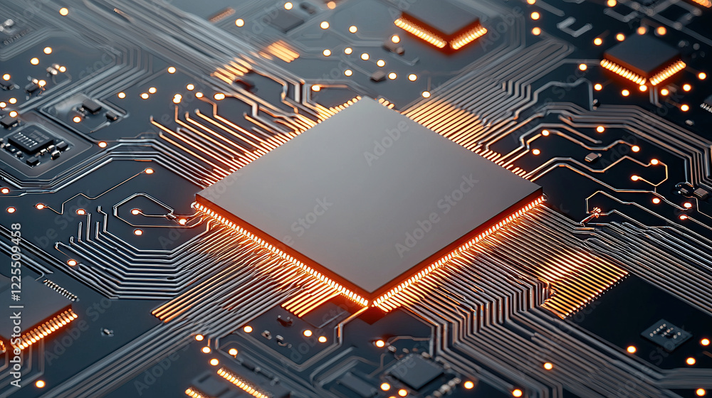 Poster glowing circuit board with vibrant lights and intricate pathways showcases advanced technology and i