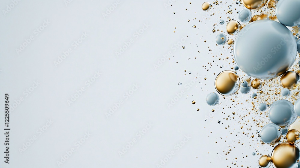 Poster abstract background with mixing blue and gold spheres generating bubbles on light blue background