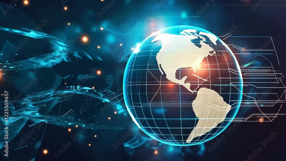 Poster the artwork depicts earth as a glowing sphere interconnected with luminous data streams and cosmic e